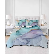 Quilts King Size, Teal Purple Marble Soft Comforter Bedding Set for Bed, Modern Abstract Luxury Ink Painting Lightweight Quilted Bedspread with Pillow Cover2 Pieces for All Season, 96x106 Inch