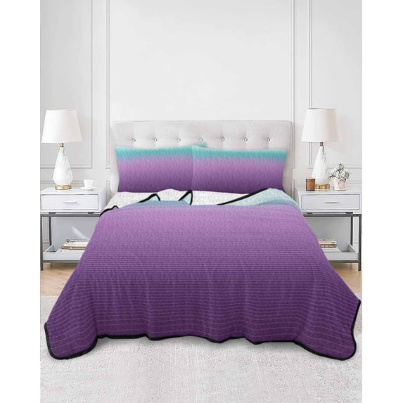 Quilts King Size, Teal Purple Ombre Soft Comforter Bedding Set for Bed, Modern Geometric Striped Abstract Art Lightweight Quilted Bedspread with Pillow Cover(2 Pieces) for All Season, 96x106 Inch