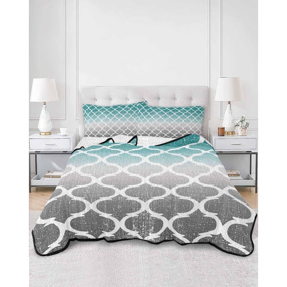 Quilts King Size, Teal White Grey Ombre Morocco Pattern Soft Comforter Bedding Set for Bed, Modern Moroccan Geometric Lightweight Quilted Bedspread with Pillow Cover(2 Pieces), 96x106 Inch