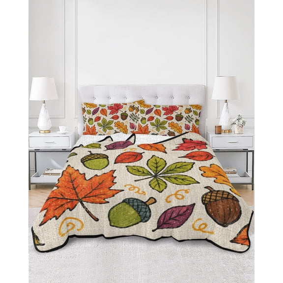 Quilts King Size, Thanksgiving Fall Soft Comforter Bedding Set for Bed, Retro Autumn Maple Leaves Pine Cone Lightweight Quilted Bedspread with Pillow Cover(2 Pieces) for All Season, 96x106 Inch