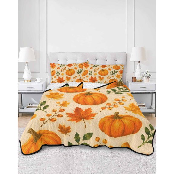 Quilts King Size, Thanksgiving Soft Comforter Bedding Set for Bed, Yellow Fall Orange Pumpkin Maple Leaves Lightweight Quilted Bedspread with Pillow Cover(2 Pieces) for All Season, 96x106 Inch