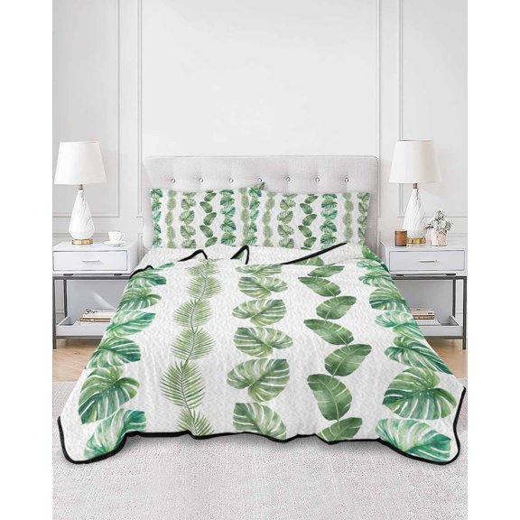 Quilts King Size, Tropical Botanical Soft Comforter Bedding Set for Bed, Sunmmer Palm Monstera Leaves Boho Green Lightweight Quilted Bedspread with Pillow Cover(2 Pieces) for All Season, 96x106 Inch