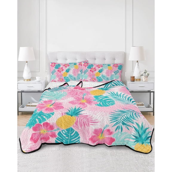 Quilts King Size, Tropical Leaves Soft Comforter Bedding Set for Bed, Pink Blue Summer Palm Flowers Pineapple Lightweight Quilted Bedspread with Pillow Cover(2 Pieces) for All Season, 96x106 Inch