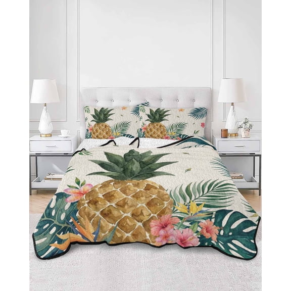 Quilts King Size, Tropical Pineapple Soft Comforter Bedding Set for Bed, Rustic Summer Fruit Palm Leaves Floral Lightweight Quilted Bedspread with Pillow Cover(2 Pieces) for All Season, 96x106 Inch