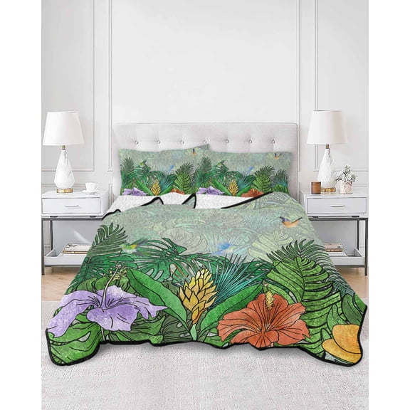 Quilts King Size, Tropical Plant Colorful Floral Soft Comforter Bedding Set for Bed, Fern Print Summer Birds Lightweight Quilted Bedspread with Pillow Cover(2 Pieces) for All Season, 96x106 Inch