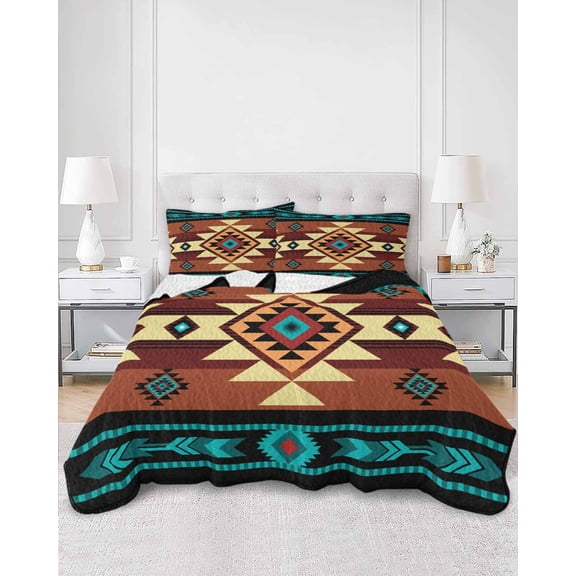 Quilts King Size, Turquoise Red Soft Comforter Bedding Set for Bed, Southwest American Native Abstract Pattern Lightweight Quilted Bedspread with Pillow Cover(2 Pieces) for All Season, 96x106 Inch