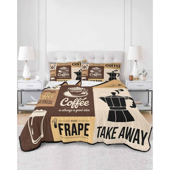 Quilts King Size, Vintage Coffee Soft Comforter Bedding Set for Bed, Farmhouse Retro Art Coffee Beans Lightweight Quilted Bedspread with Pillow Cover(2 Pieces) for All Season, 96x106 Inch