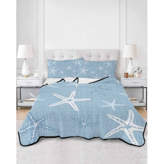 Quilts King Size, Vintage Sky Blue Starfish Soft Comforter Bedding Set for Bed, Summer Coastal Beach Marine Life Lightweight Quilted Bedspread with Pillow Cover(2 Pieces) for All Season, 96x106 Inch
