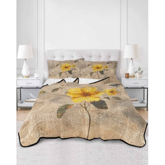 Quilts King Size, Vintage Yellow Floral Soft Comforter Bedding Set for Bed, Spring Summer Botanical Lightweight Quilted Bedspread with Pillow Cover(2 Pieces) for All Season, 96x106 Inch