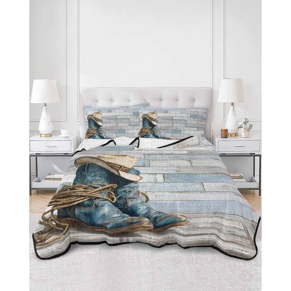 Quilts King Size, Western Cowboy Boots Soft Comforter Bedding Set for Bed, Vintage Country Blue Wooden Lightweight Quilted Bedspread with Pillow Cover(2 Pieces) for All Season, 96x106 Inch