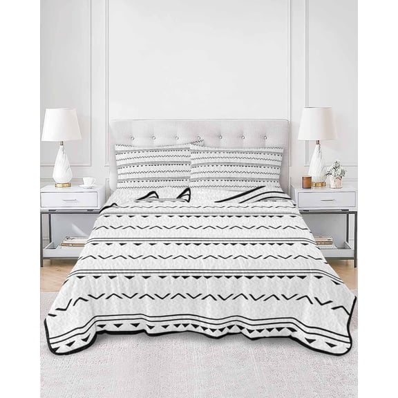Quilts King Size, White Geometric Abstract Art Soft Comforter Bedding Set for Bed, Modern Black Stripes Triangle Arrow Lightweight Quilted Bedspread with Pillow Cover(2 Pieces), 96x106 Inch