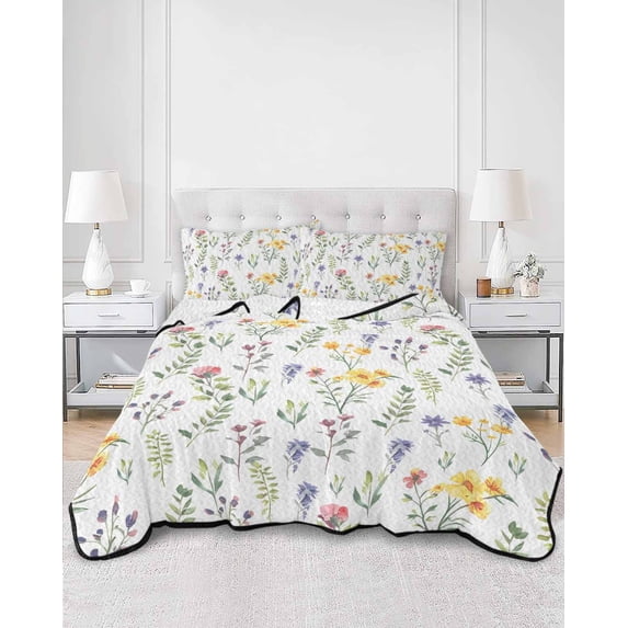 Quilts King Size, Wildflowers Blossom Soft Comforter Bedding Set for Bed, Spring Pastoral Botanical Flowers Rustic Lightweight Quilted Bedspread with Pillow Cover(2 Pieces), 96x106 Inch