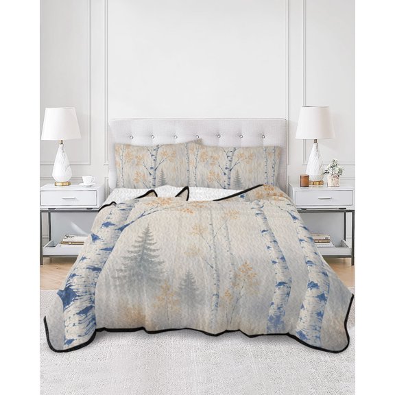 Quilts King Size, Winter Forest Soft Comforter Bedding Set for Bed, Christmas Rustic Blue Birch Woodland Lightweight Quilted Bedspread with Pillow Cover(2 Pieces) for All Season, 96x106 Inch