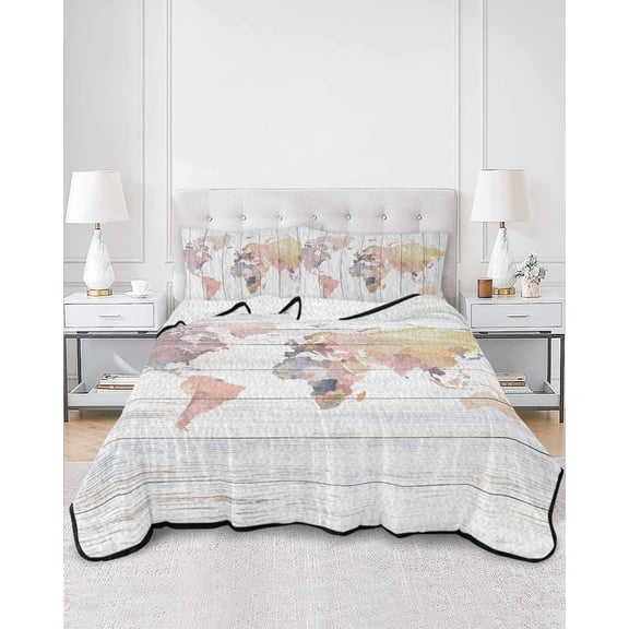 Quilts King Size, World Map Soft Comforter Bedding Set for Bed, Farmhouse Abstract Illustration Wooden Grain Lightweight Quilted Bedspread with Pillow Cover(2 Pieces) for All Season, 96x106 Inch