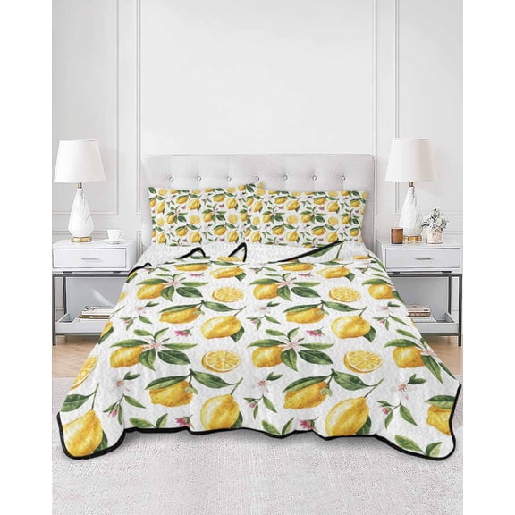 Quilts King Size, Yellow Lemon Soft Comforter Bedding Set for Bed, Tropical Green Leaf Pink Floral Fruit Lightweight Quilted Bedspread with Pillow Cover(2 Pieces) for All Season, 96x106 Inch