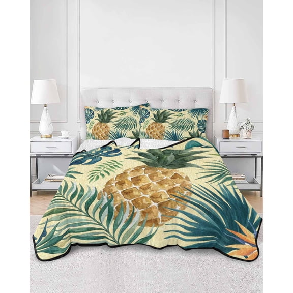 Quilts King Size, Yellow Pineapple Soft Comforter Bedding Set for Bed, Summer Plam Leaves Botanical Tropical Lightweight Quilted Bedspread with Pillow Cover(2 Pieces) for All Season, 96x106 Inch