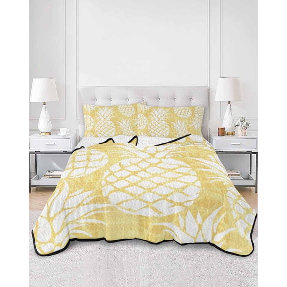 Quilts King Size, Yellow Pineapple Soft Comforter Bedding Set for Bed, Tropical Summer Botanical White Fruits Lightweight Quilted Bedspread with Pillow Cover(2 Pieces) for All Season, 96x106 Inch