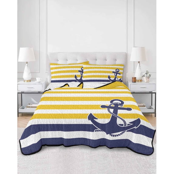 Quilts King Size, Yellow Striped Soft Comforter Bedding Set for Bed, Navy Blue Nautical Anchor Geometric Lightweight Quilted Bedspread with Pillow Cover(2 Pieces) for All Season, 96x106 Inch