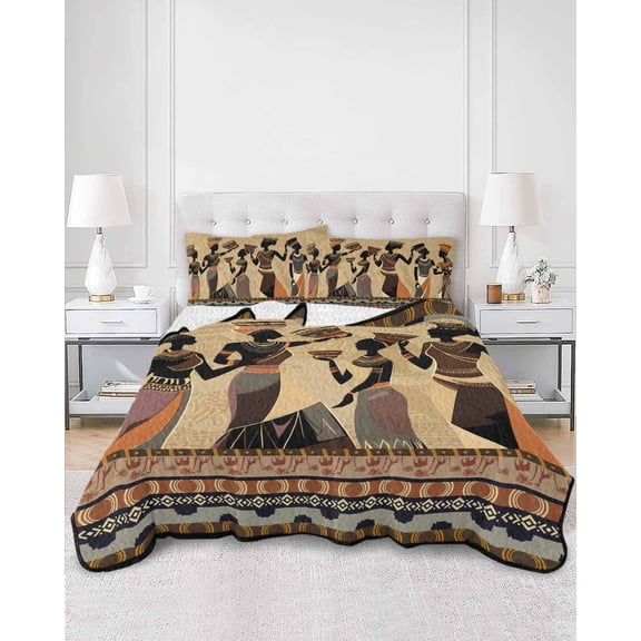 Quilts Queen Size, African Women Soft Comforter Bedding Set for Bed, Black Girl Retro Ethnic Ancient Tradition Lightweight Quilted Bedspread with Pillow Cover(2 Pieces) for All Season, 90x96 Inch