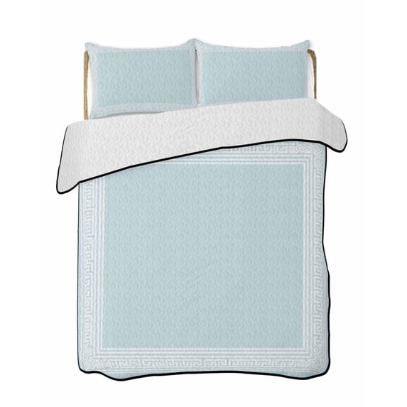 Quilts Queen Size, Aqua Geometric Soft Comforter Bedding Set for Bed, White Greek Key Design Abstract Modern Art Lightweight Quilted Bedspread with Pillow Cover(2 Pieces) for All Season, 90x96 Inch
