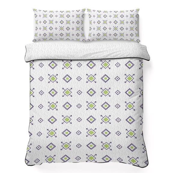Quilts Queen Size Bedding Set, Abstract Tile Motifs Lightweight Quilted Comforter, Lavender Olive Minimalist Dotted Grid Reversible Bedspread Coverlet with Pillow Covers for All Season, 90" x 96"