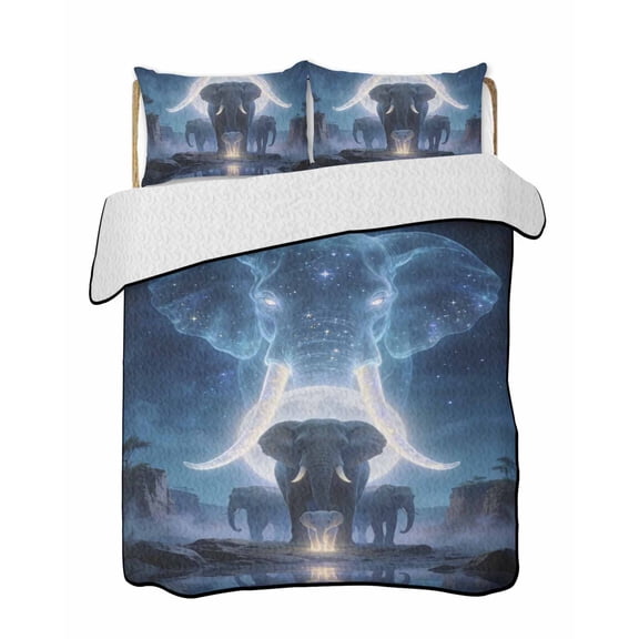 Quilts Queen Size Bedding Set, Aesthetic Elephants Reversible Summer Quilt 3 Pieces, Black Forest Moon Night Blue Ombre Lightweight Bedspreads Coverlets with 2 Pillow Shams for All Seasons