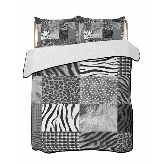 Quilts Queen Size Bedding Set, Animal Fur Print Lightweight Quilted Comforter, Grey Black Giraffe Zebra Striped Plaid Soft Reversible Bedspread Coverlet with Pillow Covers for All Season, 90" x 96"