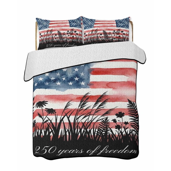 Quilts Queen Size Bedding Set, Anniversary USA Flag Reversible Summer Quilt 3 Pieces, Vintage American Flag Black Floral Lightweight Bedspreads Coverlets with 2 Pillow Shams for All Seasons