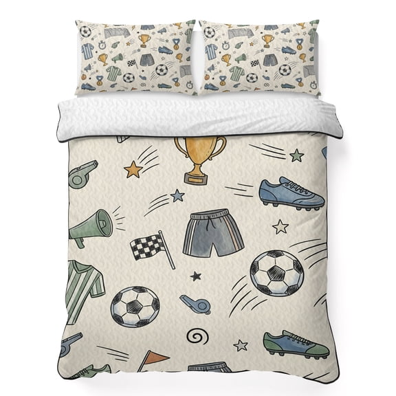 Quilts Queen Size Bedding Set, Beige Cartoon Sports Lightweight Quilted Comforter, Funny Football Trophies Whistle Soft Reversible Bedspread Coverlet with Pillow Covers for All Season, 90" x 96"