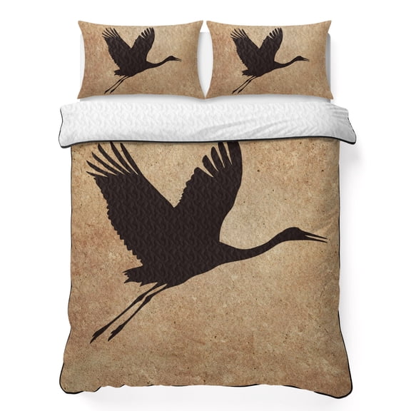 Quilts Queen Size Bedding Set, Black Brown Bird Lightweight Quilted Comforter, Vintage Art Animals Silhouettes Soft Reversible Bedspread Coverlet with Pillow Covers for All Season, 90" x 96"