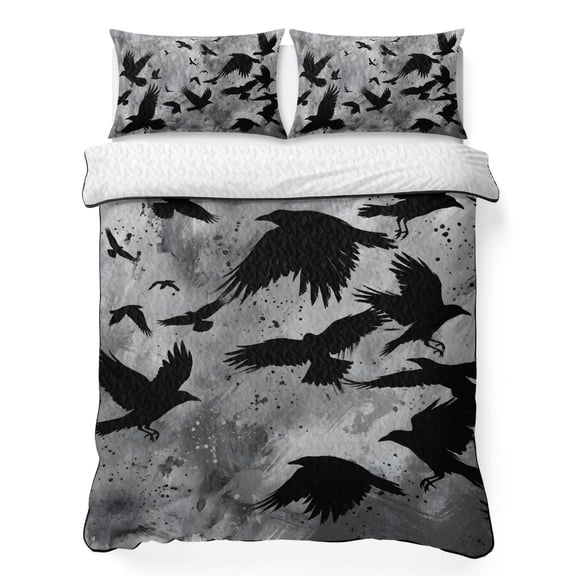 Quilts Queen Size Bedding Set, Black Crow Birds Lightweight Quilted Comforter, Abstract Spooky Grey Sky Wings Soft Reversible Bedspread Coverlet with Pillow Covers for All Season, 90" x 96"