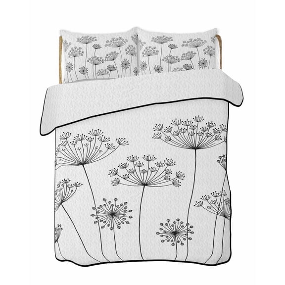 Quilts Queen Size Bedding Set, Black Dandelion Reversible Summer Quilt 3 Pieces, Spring Country Modern Minimalist Flower Lightweight Bedspreads Coverlets with 2 Pillow Shams for All Seasons