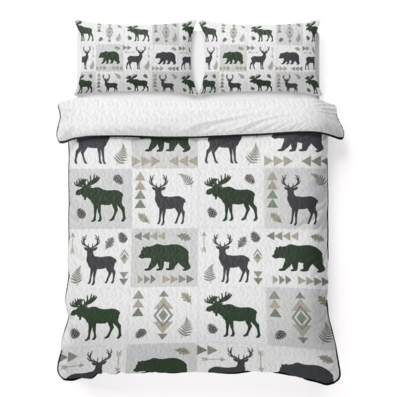 Quilts Queen Size Bedding Set, Black Green Moose Lightweight Quilted Comforter, Checkered Vintage Art Animals Soft Reversible Bedspread Coverlet with Pillow Covers for All Season, 90" x 96"