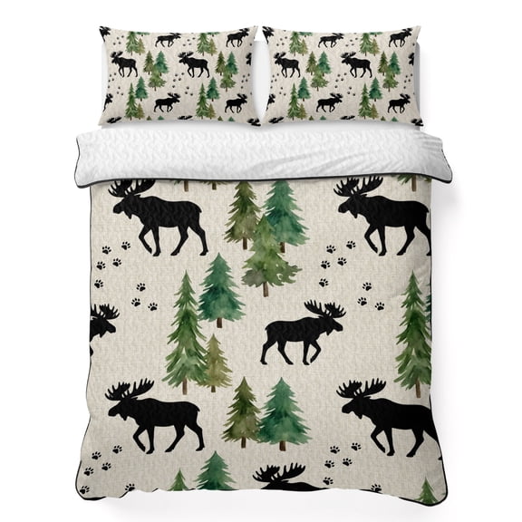Quilts Queen Size Bedding Set, Black Green Moose Lightweight Quilted Comforter, Modern Animals Trees Rustic Soft Reversible Bedspread Coverlet with Pillow Covers for All Season, 90" x 96"