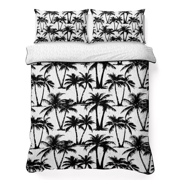 Quilts Queen Size Bedding Set, Black Palm Tree Lightweight Quilted Comforter, Summer Tropical Tree Coastal Beach Soft Reversible Bedspread Coverlet with Pillow Covers for All Season, 90" x 96"