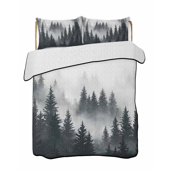 Quilts Queen Size Bedding Set, Black Pine Forest Lightweight Quilted Comforter, Misty Tree Clouds Nature Soft Reversible Bedspread Coverlet with Pillow Covers for All Season, 90" x 96"