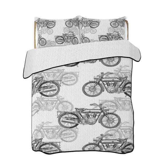 Quilts Queen Size Bedding Set, Black White Motorcycles Reversible Summer Quilt 3 Pieces, Modern Hand-Painted Vehicles Lightweight Bedspreads Coverlets with 2 Pillow Shams for All Seasons