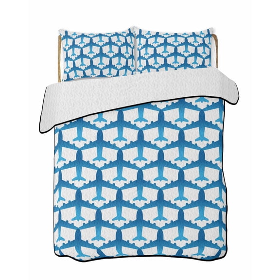 Quilts Queen Size Bedding Set, Blue Aircraft Reversible Summer Quilt 3 Pieces, Modern Abstract Art Gradient Airplane Lightweight Bedspreads Coverlets with 2 Pillow Shams for All Seasons