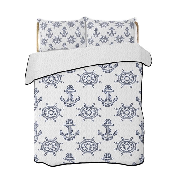 Quilts Queen Size Bedding Set, Blue Anchor Nautical Reversible Summer Quilt 3 Pieces, Rudder Coastal Summer Ocean Lightweight Bedspreads Coverlets with 2 Pillow Shams for All Seasons