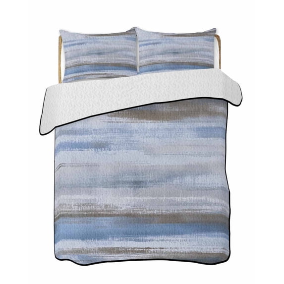 Quilts Queen Size Bedding Set, Blue Brown Ombre Lightweight Quilted Comforter, Vintage Shabby Blue Abstract Art Soft Reversible Bedspread Coverlet with Pillow Covers for All Season, 90" x 96"
