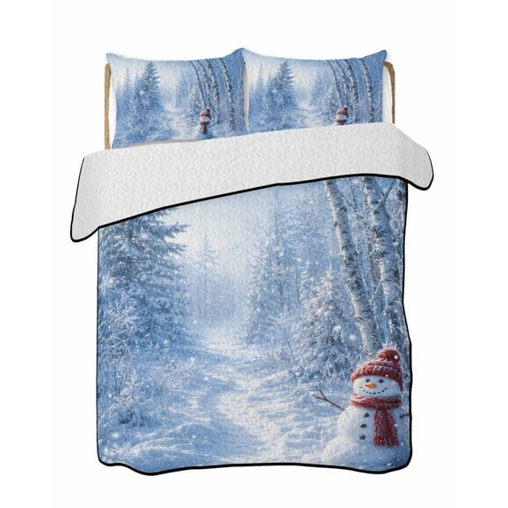 Quilts Queen Size Bedding Set, Blue Christmas Reversible Summer Quilt 3 Pieces, Xmas Snowman Trees Snowflake Forest Lightweight Bedspreads Coverlets with 2 Pillow Shams for All Seasons