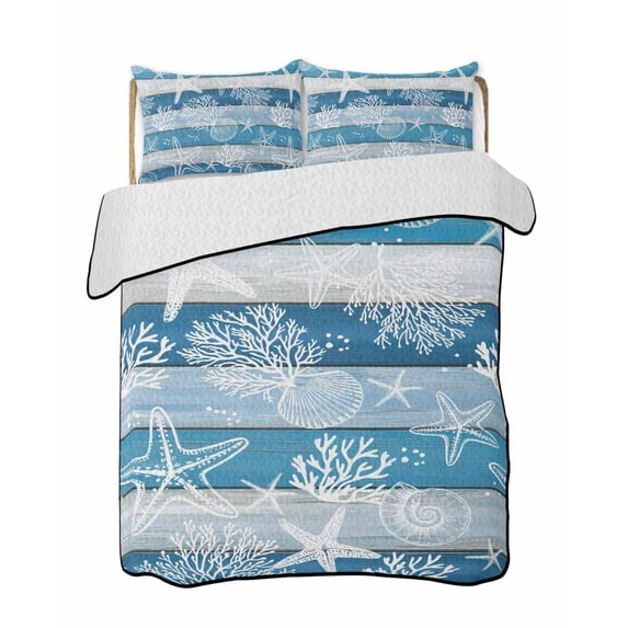 Quilts Queen Size Bedding Set, Blue Coastal Beach Reversible Summer Quilt 3 Pieces, Nautical Starfish Coral Vintage Wooden Lightweight Bedspreads Coverlets with 2 Pillow Shams for All Seasons