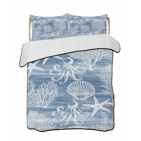 Quilts Queen Size Bedding Set, Blue Coastal Reversible Summer Quilt 3 Pieces, Nautical Coral Starfish Shell Octopus Sea Lightweight Bedspreads Coverlets with 2 Pillow Shams for All Seasons