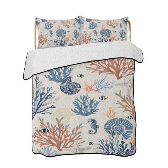 Quilts Queen Size Bedding Set, Blue Coastal Reversible Summer Quilt 3 Pieces, Summer Beach Coral Shell Starfish Vintage Lightweight Bedspreads Coverlets with 2 Pillow Shams for All Seasons