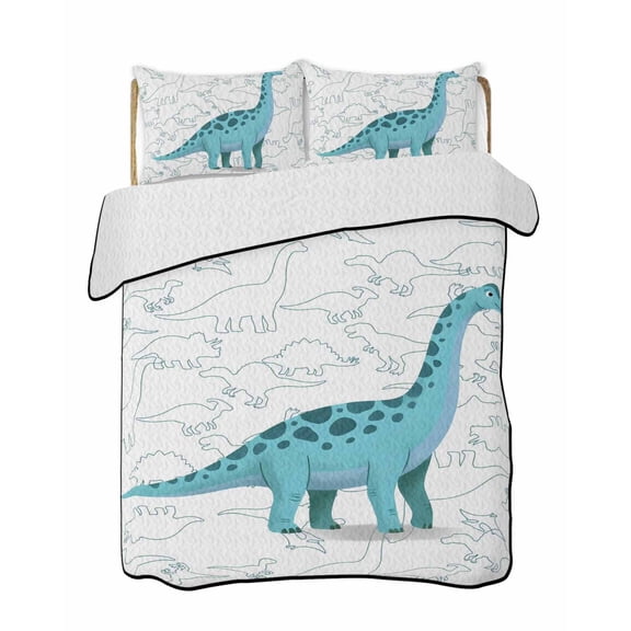 Quilts Queen Size Bedding Set, Blue Dinosaur Lightweight Quilted Comforter, Cartoon Abstract Animals Cute Soft Reversible Bedspread Coverlet with Pillow Covers for All Season, 90" x 96"