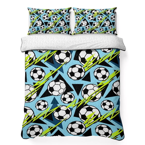 Quilts Queen Size Bedding Set, Blue Football Lightning Lightweight Quilted Comforter, Modern Ball Sport Games Soft Reversible Bedspread Coverlet with Pillow Covers for All Season, 90" x 96"
