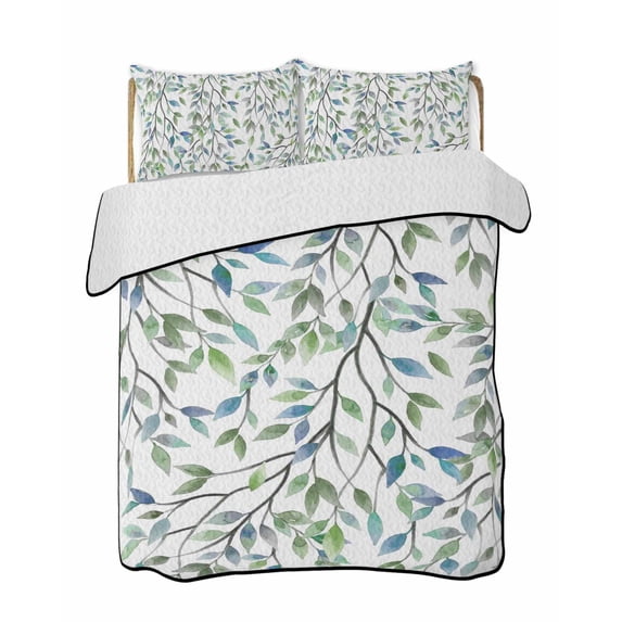 Quilts Queen Size Bedding Set, Blue Green Eucalyptus Reversible Summer Quilt 3 Pieces, Spring Botanical Leaves Weeping Lightweight Bedspreads Coverlets with 2 Pillow Shams for All Seasons