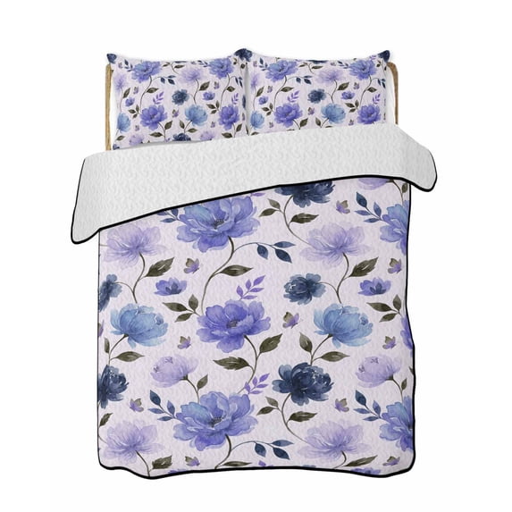 Quilts Queen Size Bedding Set, Blue Lavender Floral Reversible Summer Quilt 3 Pieces, Farmhouse Botanical Flowers Leaf Lightweight Bedspreads Coverlets with 2 Pillow Shams for All Seasons