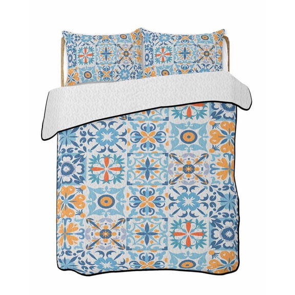 Quilts Queen Size Bedding Set, Blue Mediterranean Reversible Summer Quilt 3 Pieces, Vintage Moroccan Tiles Texture Lightweight Bedspreads Coverlets with 2 Pillow Shams for All Seasons