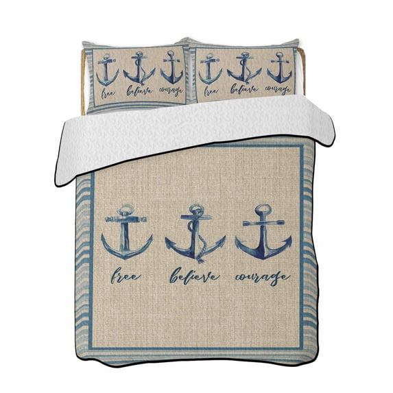 Quilts Queen Size Bedding Set, Blue Nautical Anchor Reversible Summer Quilt 3 Pieces, Country Retro Ocean Beach Stripes Beige Lightweight Bedspreads Coverlets with 2 Pillow Shams for All Seasons